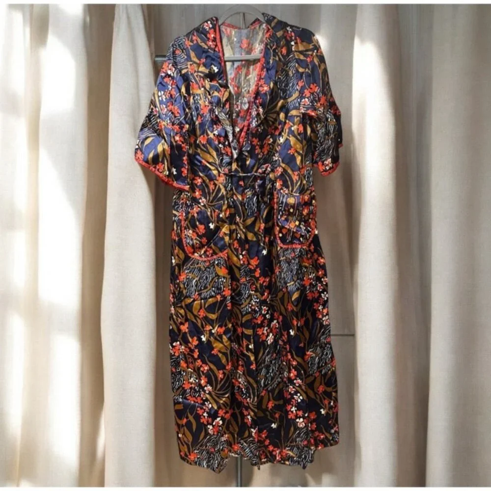 Vintage Wrap Silky Satin Robe Dressing Gown Floral Kimono Maxi Bell Sleeve 80s